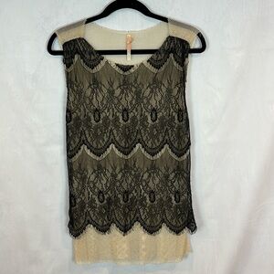 Poems Women’s Black lace sheer open knit sleeveless top whimsical‎